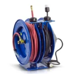 Coxreels Hose Reel 3/8in x 50' Dual Purpose Spring Rewind 300PSI & Single Industrial Receptacle 50' Cord 16 AWG